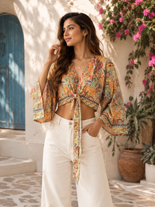 Blusa corta de seda al por mayor, hecha a mano, estilo kimono con cuello en V y lazo, ajuste holgado para primavera/verano - Product Image 1