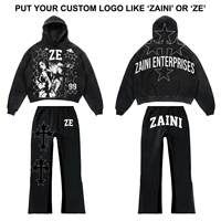 Setelan Olahraga Pria Heavyweight 420 GSM Katun Poliester Terry Hitam Streetwear Hoodie dan Celana Bordir Chenille Puff Print Custom