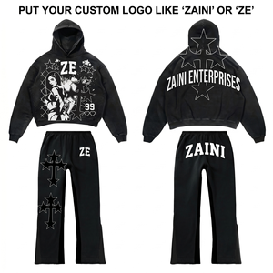 Survêtement Homme Lourd 420 GSM Coton Polyester Éponge Noir Streetwear Sweat à Capuche et Pantalon Broderie Personnalisée en Chenille et Impression Gonflée - Product Image 1