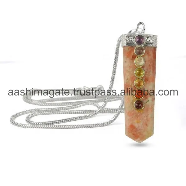 Sunstone Flat Stick 7 Chakra Bead Pendant con cristalli a catena in metallo lucido argento guarigione metafisica e nuova età all'ingrosso