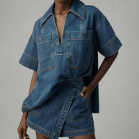 Service OEM : Ensemble deux pièces en jean tendance pour femme – OEM/ODM – Logo, design, étiquettes et couleurs personnalisés – Ensemble en jean délavé foncé