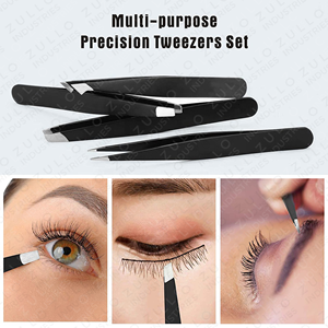 4PCS Black Coated Eyebrow Tweezers Set Pointed Square Slant Angled Tip <b>Makeup</b> <b>Tools</b> with PU Leather Pouch OEM - Product Image 4