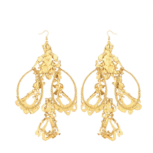 Dual Tone Long <b>Hook</b> Dangling <b>Earrings</b>-Trendy Religious Ethnic Hoop Drop Studs in Yellow Gold - Product Image 2