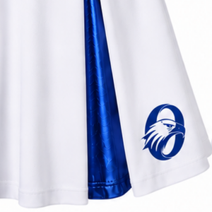 Ensemble uniforme de cheerleading sublimé blanc et bleu sans manches, haut court et jupe pour équipe sportive, tenue de performance et d'entraînement - Product Image 4