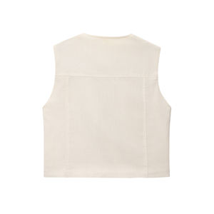 Gilet décontracté beige à col rond et double boutonnage pour femme, coupe-vent, respirant, sans manches, avec poches à rabat - Product Image 2