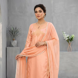 Salwar Kameez d'hiver en polyester pêche, style pakistanais Bollywood, brodé, ensemble 3 pièces, pour mariage et fêtes, tenue ethnique indienne traditionnelle - Product Image 1