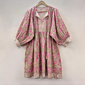 Vestido Casual Midi para Mujer, Tejido 100% Algodón, Liso, Manga Corta, Cintura Imperio, Estilo Babydoll, Cuello en V, Holgado, Funcional - Product Image 3