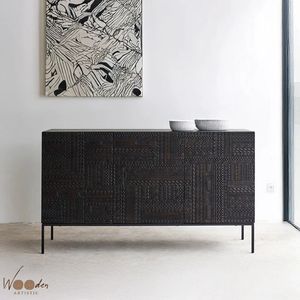 Modern Tribal Solid Wood Sideboard Carved Wooden Side Cabinet <b>Black</b> Storage <b>Console</b> for Dining Room Entryway - Product Image 1