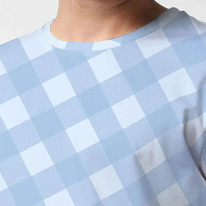 Ensemble de vêtements de nuit en coton à carreaux bleu clair pour homme, pyjama décontracté d'été à manches courtes, tissu tricoté respirant - Product Image 3