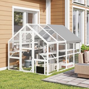 Catio in Legno da Esterno con Copertura Impermeabile, 2 Cucce, 6 Piattaforme e Ponte con Porte - Gabbia per Animali Domestici Bianca - Product Image 2