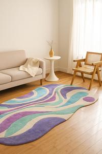 Retro Wave Wool Rug Hand Tufted Modern Abstract Designer <b>Carpet</b> white purple Durable Area Rug for Living Room Bedroom Picnic Use - Product Image 4