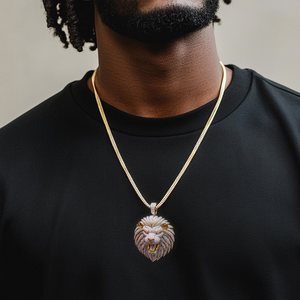 Briva Jewels BP-90 Collier Pendentif Tête de Lion Rugissant Sertie de Zircons Cubiques et Moissanite, Plaqué Or et Argent, Bijou Animalier Hip Hop pour Homme - Product Image 4