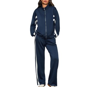 Ensemble de survêtement rayé noir et blanc pour femme, manches longues, fermeture éclair sur le devant, pantalon de jogging sportif, respirant, coupe régulière, 100 % polyester, automne - Product Image 2