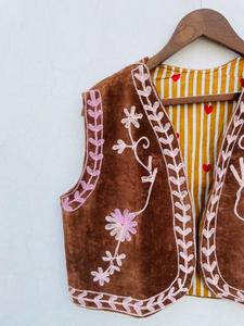 Brown Velvet Lightweight Bohemian <b>Floral</b> Embroidered Zipper Closure Cotton Vest Women Short V-neck Streetwear <b>Waistcoat</b> - Product Image 5