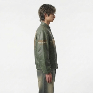 <b>Mens</b> Olive Green Distressed Leather Bomber <b>Jacket</b> Road 74 Embroidered Wing Patch Flight Outerwear Darkry Custom Factory Coat - Product Image 3