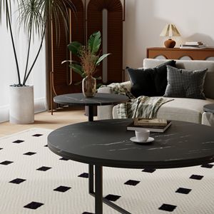 Table basse moderne en faux marbre noir avec base inspirée d'un trépied et plateau arrondi, dotée de deux étagères de présentation - Product Image 3