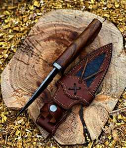 High Quality Damascus Steel Hunting Outdoor Knife with Leather Sheath Easy Carry Camping Hunting Knife with Wood Handle OEM - Product Image 4