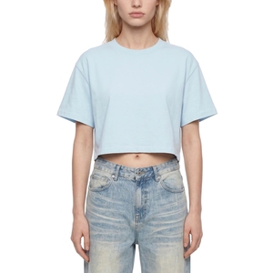 T-shirt court ample bleu ciel pour femme, col rond, en coton, basique, décontracté, vente en gros, vierge - Product Image 1