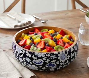 Bol à salade en bois à motif floral bleu et blanc avec cuillères de service assorties pour la maison et la table - Product Image 5