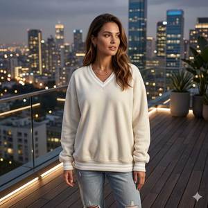<b>Women's</b> Oversized 100% Soft Cotton Fleece Terry <b>V</b>-<b>Neck</b> <b>Sweatshirt</b> Custom Logo Long Sleeve Eco-Friendly Top for Winter Fashion - Product Image 4