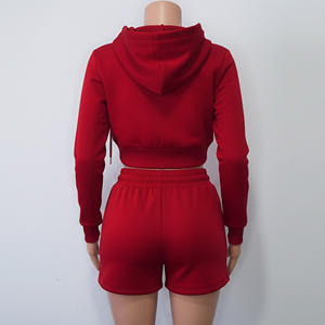 Nouveauté : Ensemble deux pièces pour femme en molleton 100% coton, comprenant un sweat à capuche court zippé à manches longues et un short à entrejambe bas avec cordon long, idéal pour l'été. - Product Image 4