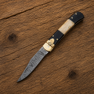 Custom Handmade Damascus Folding Pocket <b>Knife</b> with Horn & <b>Bone</b> <b>Handle</b> Lockback Camping Survival <b>Knife</b> with Leather Sheath - Product Image 1
