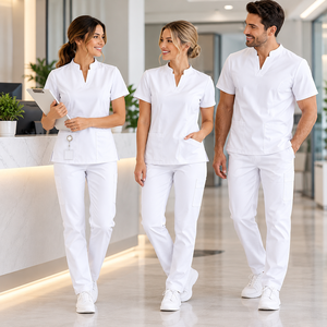 Unisex White Scrub Sets V-Neck Top <b>Pockets</b> Hospital Uniforms for Medical <b>Staff</b> Cotton Polyester Woven Fabric Needle Detection - Product Image 1
