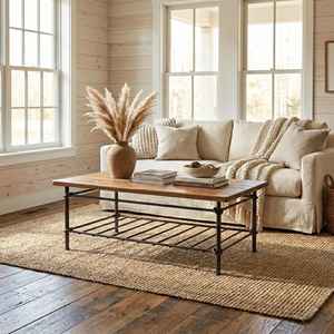 Mesa de Centro de Hierro Hecha a Mano con Tapa de Madera Maciza y Estante Inferior de Almacenamiento, Estilo Rústico Industrial para Sala de Estar, Mesa Delantera para Sofá - Product Image 3