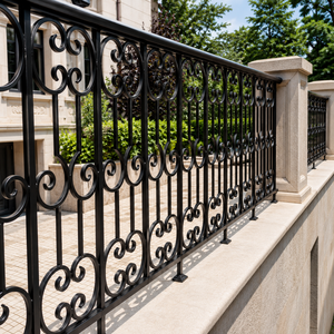 Rampe de balcon en fer forgé noir avec motif festonné, garde-corps de terrasse extérieur, panneau de clôture décoratif - Product Image 3