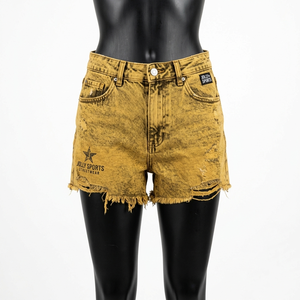 Shorts en jean délavé jaune 380 en denim de coton épais, ourlet brut déchiré, logo personnalisé imprimé, shorts pour femme - Product Image 4