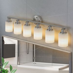 Applique da Parete Moderna a 6 Luci, 99 cm, Finitura Nichel Spazzolato, Paralumi in Vetro Satinato per Illuminazione Bagno e Corridoio, Lampadine Non Incluse - Product Image 4