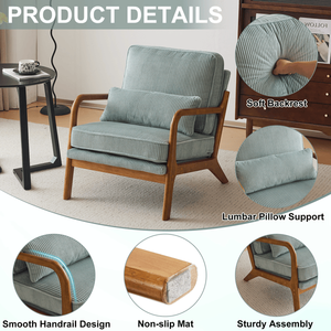 Fauteuil de salon compact d'intérieur avec accoudoirs bas, revêtement en velours côtelé bleu sarcelle, siège individuel, structure robuste (330 LBS) pour salon - Product Image 3