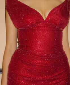 Robe de soirée mini dos nu en maille rouge rubis ornée de strass, taille basse, sexy, respirante, qualité supérieure pour femme - Product Image 4