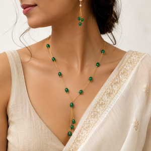 Conjunto de Joyería Personalizada Chapada en Rodio con Esmeralda Verde, Collar con Colgante de Borla en Forma de Y y Aretes, Regalo de Joyería Fina para Mujer - Product Image 1
