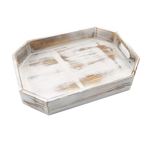 Plateau de service en bois de pin fait à la main blanc rustique lot de 2 plateaux de service en bois durable avec poignées pour table à manger - Product Image 1