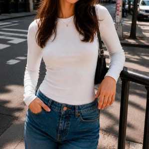 Women's <b>White</b> Crew Neck <b>Long</b> <b>Sleeve</b> Slim Fit Cotton <b>T</b>-<b>Shirt</b> Casual Knitted Breathable Compressed Anti-UV - Product Image 1