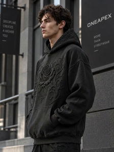 เสื้อสเวตเชิ้ตโอเวอร์ไซส์สีดำลายกุหลาบปัก OneApex สำหรับผู้ชาย สไตล์สตรีทแวร์ ผ้าคอตตอนหนานุ่ม สวมใส่สบาย มีฮู้ด - Product Image 2