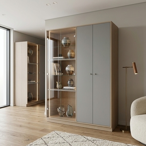 Mueble de Salón Moderno con Puertas de Vidrio y Paneles Gris Oscuro, Estantes Ajustables, Mueble de Almacenamiento de Madera - Product Image 2