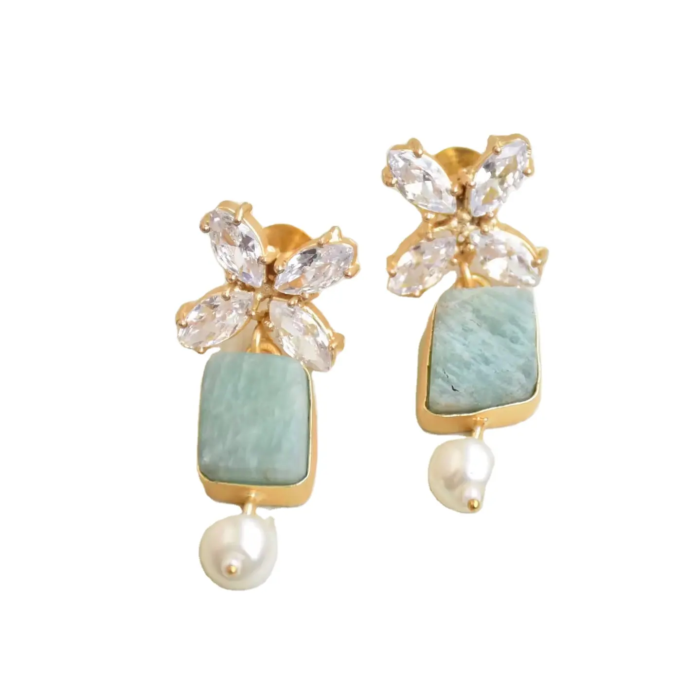 Boucles d'oreilles pendantes en amazonite avec clous en zircon Boucles d'oreilles en plaqué or sans ternissement avec pierres semi-précieuses naturelles