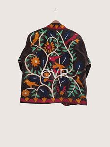 Manteau en velours à col mandarin brodé à la main avec motifs floraux, style bohème pour femmes adultes, manches longues, vêtement d'extérieur pour l'automne - Product Image 1