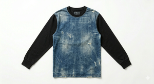 Men's Denim Washed <b>Patchwork</b> with Pattern Long Sleeve T-<b>Shirt</b> Crew Neck Ripped Streetwear Casual Tee - Product Image 1