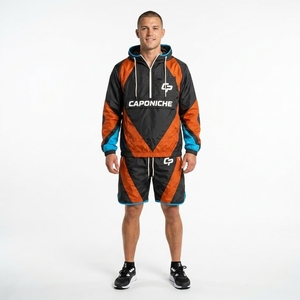 High Quality Men's Nylon Hooded <b>Zip</b> Up Pullover Jacket <b>Shorts</b> Set Lightweight Waterproof Custom Casual Windbreaker - Product Image 2