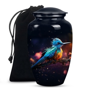 Urna funeraria negra para adultos con diseño de pájaro guardacorpas azul, urna clásica grande para cenizas de adultos y bolsa de terciopelo gratis. - Product Image 1