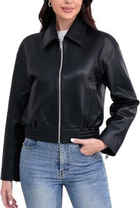 Veste bomber en cuir PU noir pour femme avec col en fausse fourrure, fermeture éclair, manches longues, style hiver, couleur unie, veste en cuir - Product Image 3