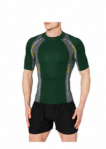 <b>Men's</b> Blue Short Sleeve Neoprene Rash Guard Gray Red Color Block Design Quick Dry Breathable <b>Compression</b> Sublimation Printed Top - Product Image 3