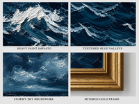 Peinture à l'huile à texture épaisse, vagues bruyantes, paysage marin bleu marine, peint à la main, toile, décoration murale pour salon