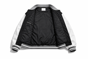 Custom <b>Men's</b> <b>Leather</b> Varsity <b>Jacket</b> Two Tone Bomber Style Stand Collar Button Front Embroidered Logo Loose Fit Winter Patchwork - Product Image 3