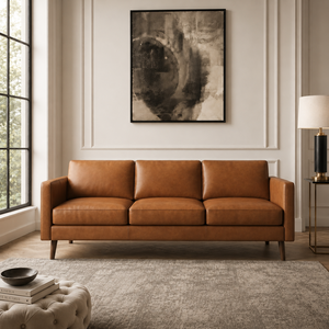 Modern Genuine Leather Three Seat <b>Sofa</b> <b>Bed</b> Wood Legs Tight Back Square Arms Midcentury Living Room Furniture School - Product Image 1