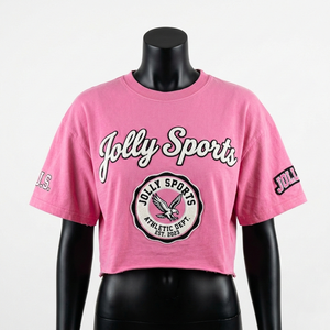 Camiseta Corta de Algodón Jersey Premium de 180 GSM para Mujer, Color Rosa, Suave y Transpirable, con Parche de Chenilla y Logotipo Personalizado - Product Image 3