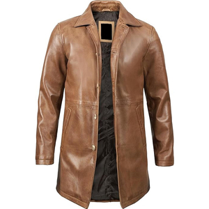 <b>Men's</b> Genuine Leather <b>Long</b> Trench <b>Coat</b> With Notched Lapel And Front Pockets Single Breasted Design <b>Men's</b> stand collar - Product Image 4